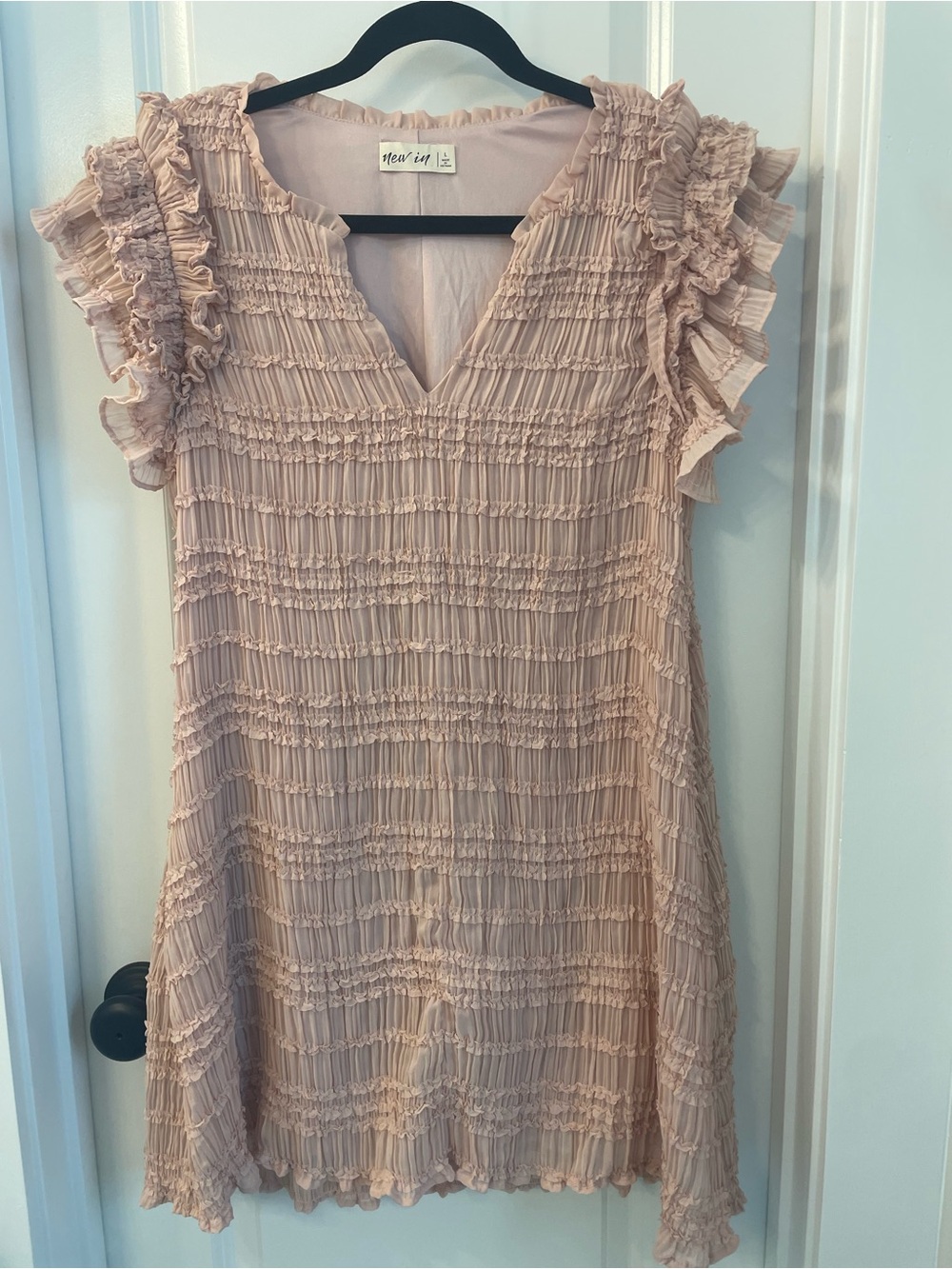 Smocked V-Neck Ruffle Sleeve Dress - Blush Pink